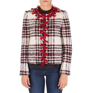 TORY BURCH Embroidered Crystal Buttons Tweed‎ Jacket In White